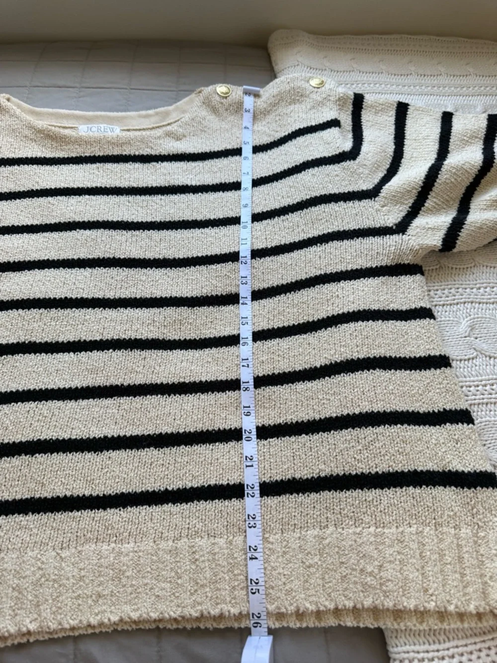 J. Crew Cream and Black Striped Boatneck Sweater with Gold Shoulder Buttons - 3X - Picture 11 of 15